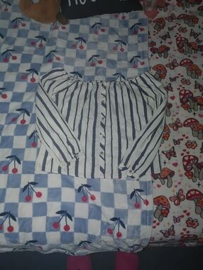 Velvet Heart White and Navy Blue Striped Off-Shoulder Blouse